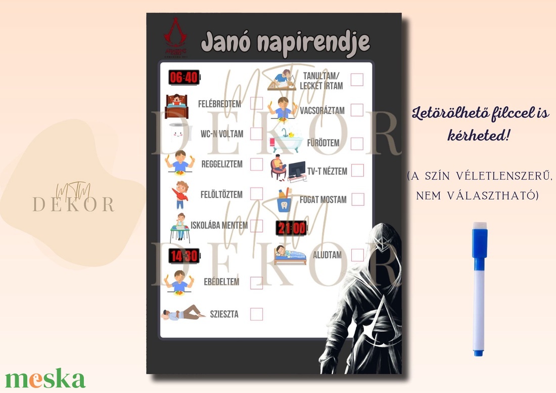 Egyedi napirend táblázat iskolás korú gyerekeknek - pipálható - törölhető tábla - művészet - grafika & illusztráció - digitális - Meska.hu