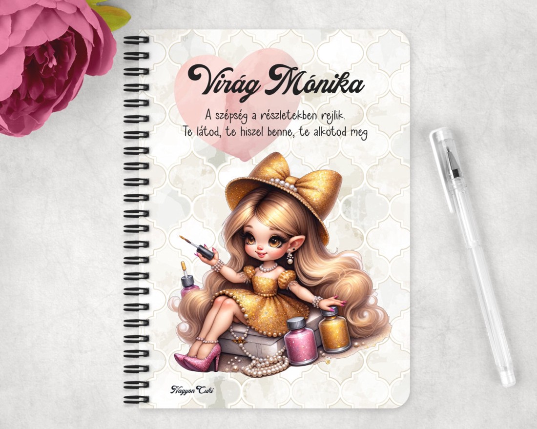 Személyre szabható - Cuki Arany Körmös manólány mintás A5-ös füzet - otthon & életmód - papír, írószer - jegyzetfüzet & napló - Meska.hu