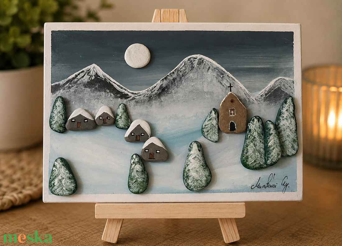 Téli táj kavicskép 20 x 15 cm - otthon & életmód - dekoráció - kép & falikép - kavics kép - Meska.hu