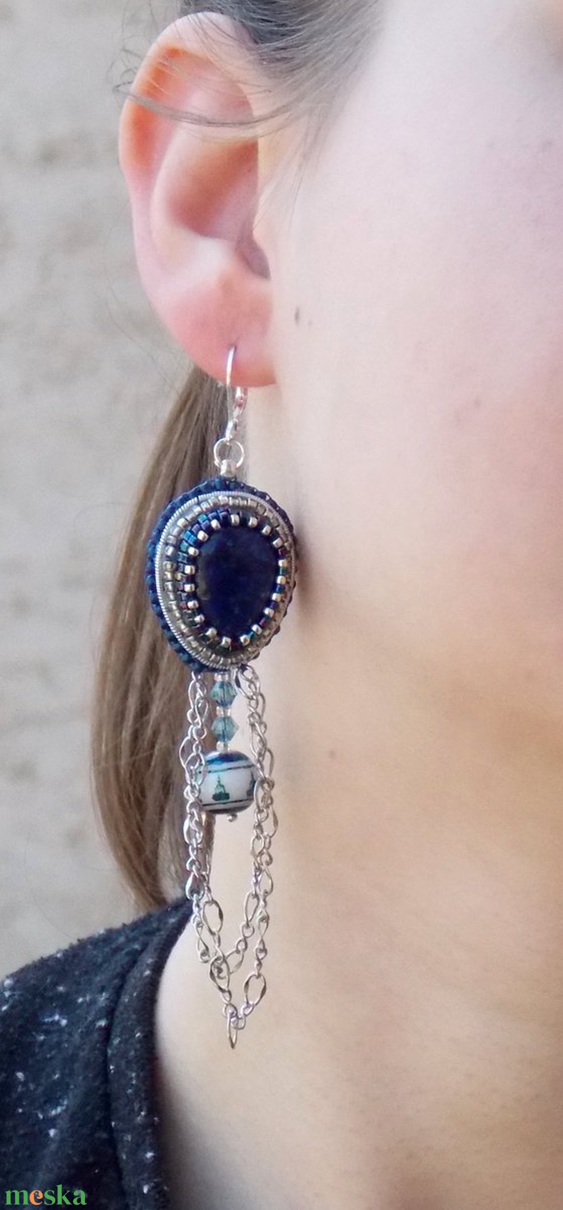 Lapis lazuli - gyöngy hímzett fülbevaló - ékszer - fülbevaló - lógó fülbevaló - Meska.hu Lapis lazuli - gyöngy hímzett fülbevaló - ékszer - fülbevaló - lógó fülbevaló - Meska.hu