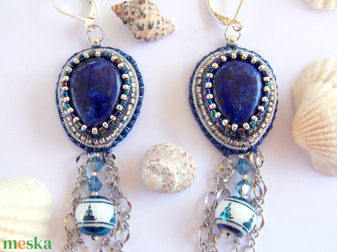 Lapis lazuli - gyöngy hímzett fülbevaló - ékszer - fülbevaló - lógó fülbevaló - Meska.hu Lapis lazuli - gyöngy hímzett fülbevaló - ékszer - fülbevaló - lógó fülbevaló - Meska.hu