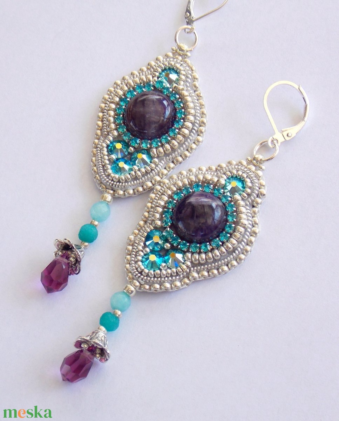 Amethyst -türkiz - gyöngy hímzett fülbevaló - ékszer - fülbevaló - lógó fülbevaló - Meska.hu Amethyst -türkiz - gyöngy hímzett fülbevaló - ékszer - fülbevaló - lógó fülbevaló - Meska.hu