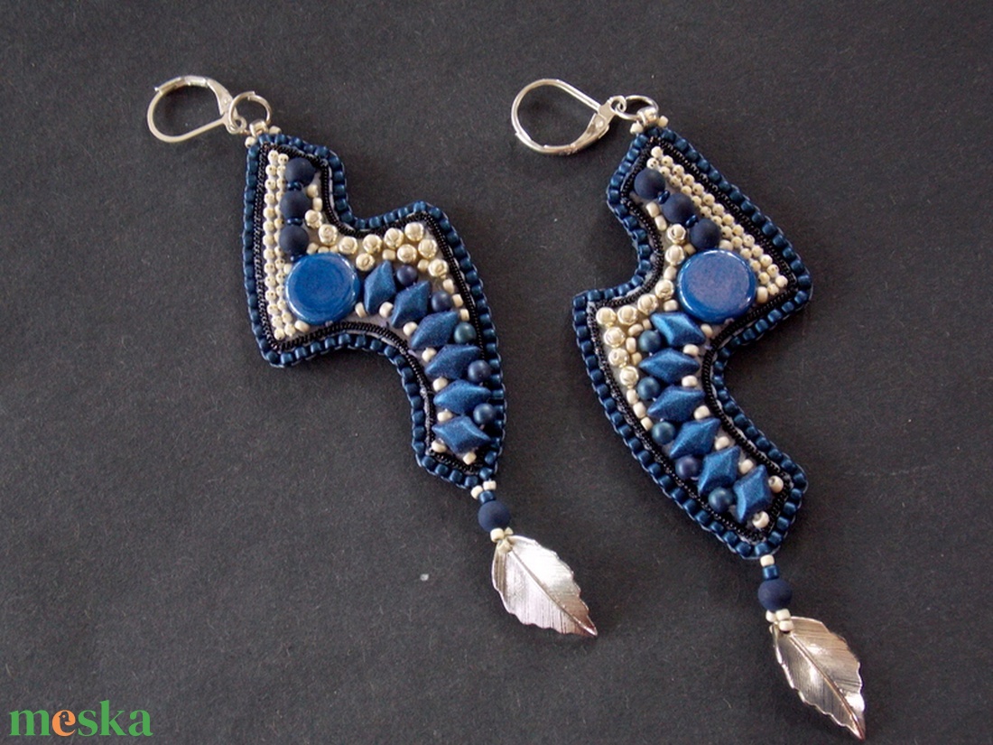 Kék Sand - gyöngy hímzett fülbevaló - ékszer - fülbevaló - lógó fülbevaló - Meska.hu