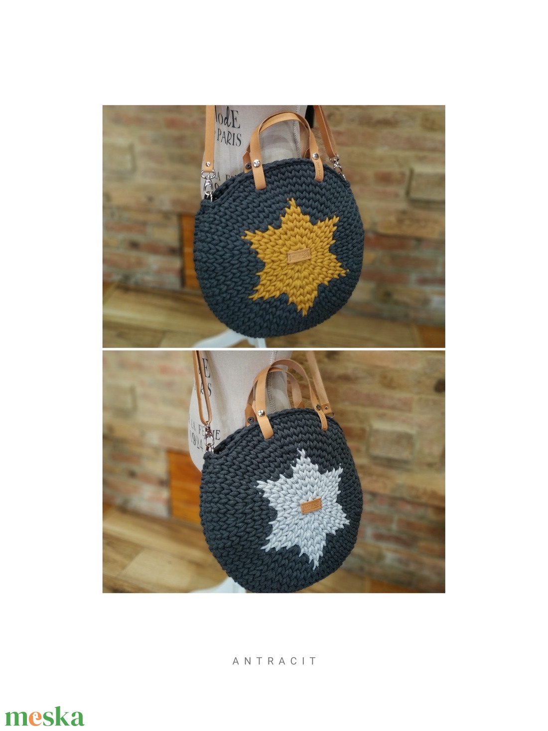 Horgolt női körtáska antracit színben - világosszürke ill. mustársárga csillaggal a közepén - Crossbody - táska & tok - kézitáska & válltáska - vállon átvethető táska - Meska.hu