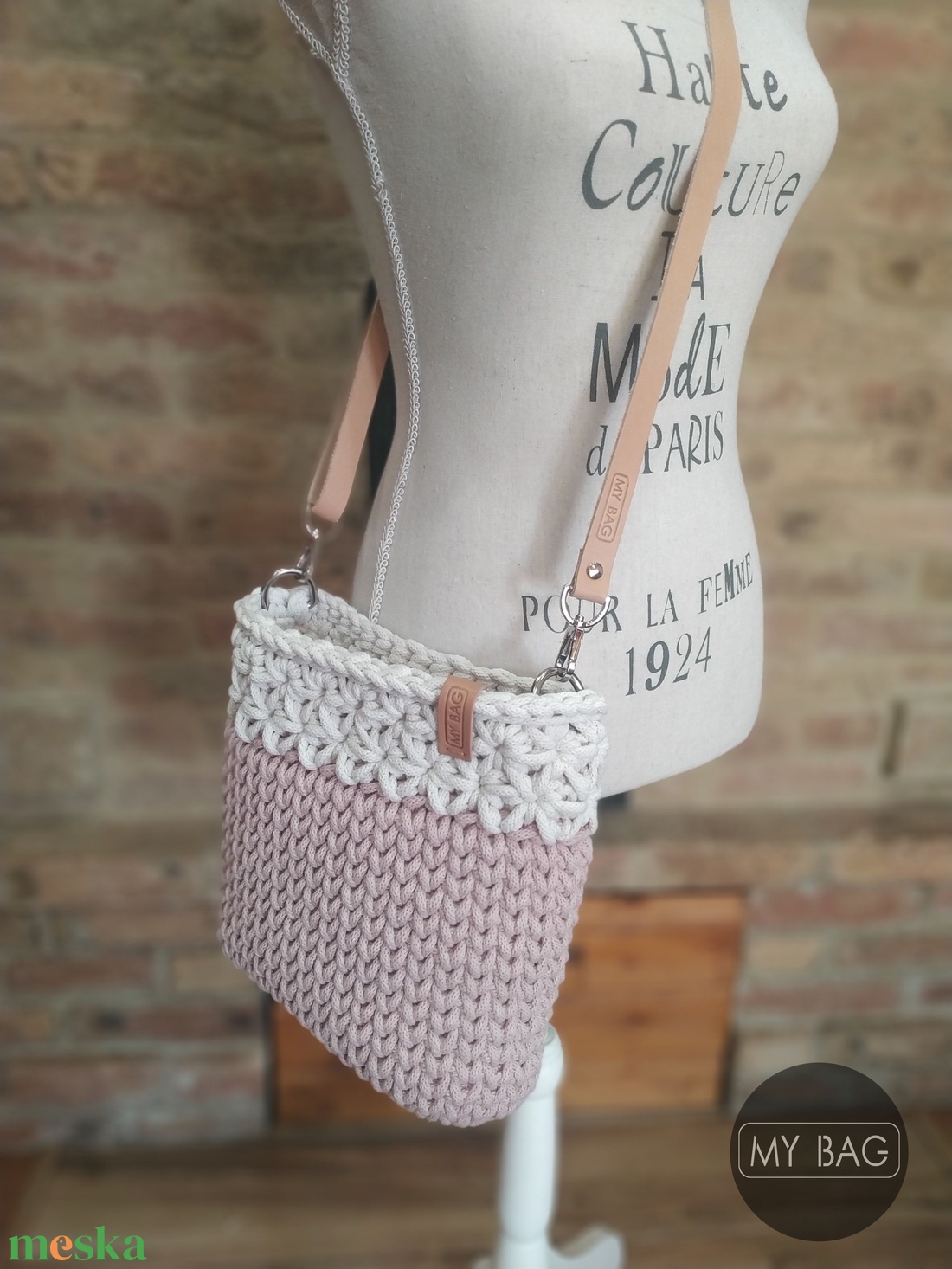 Horgolt női crossbody táska PASTEL PINK/EKRÜ színekben - Jázmin mintával - MINI - táska & tok - kézitáska & válltáska - vállon átvethető táska - Meska.hu
