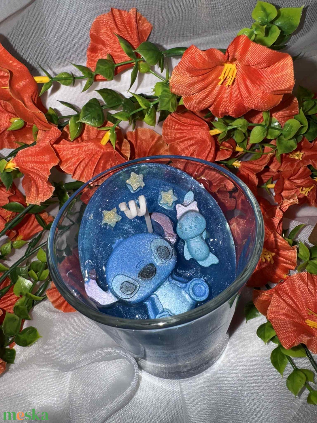 Stitch-es pohárgyertya - esküvő - dekoráció - gyertya & gyertyatartó - Meska.hu