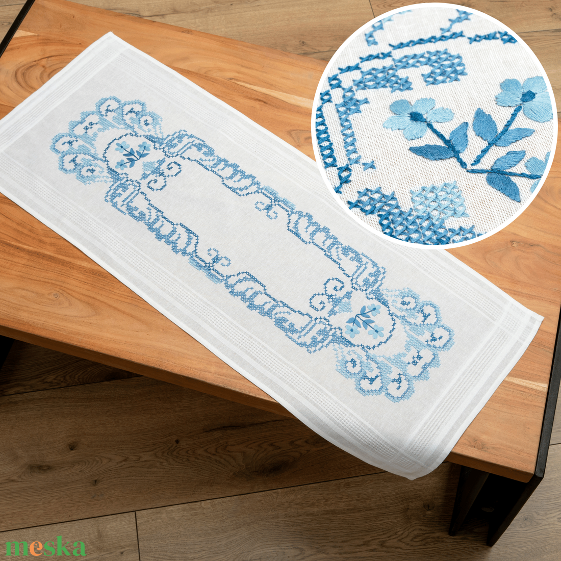 Népies kék mintás asztali futó terítő DIY hímzőkészlet, keresztszemes, 40 x 100 cm - diy (csináld magad) - egységcsomag - Meska.hu