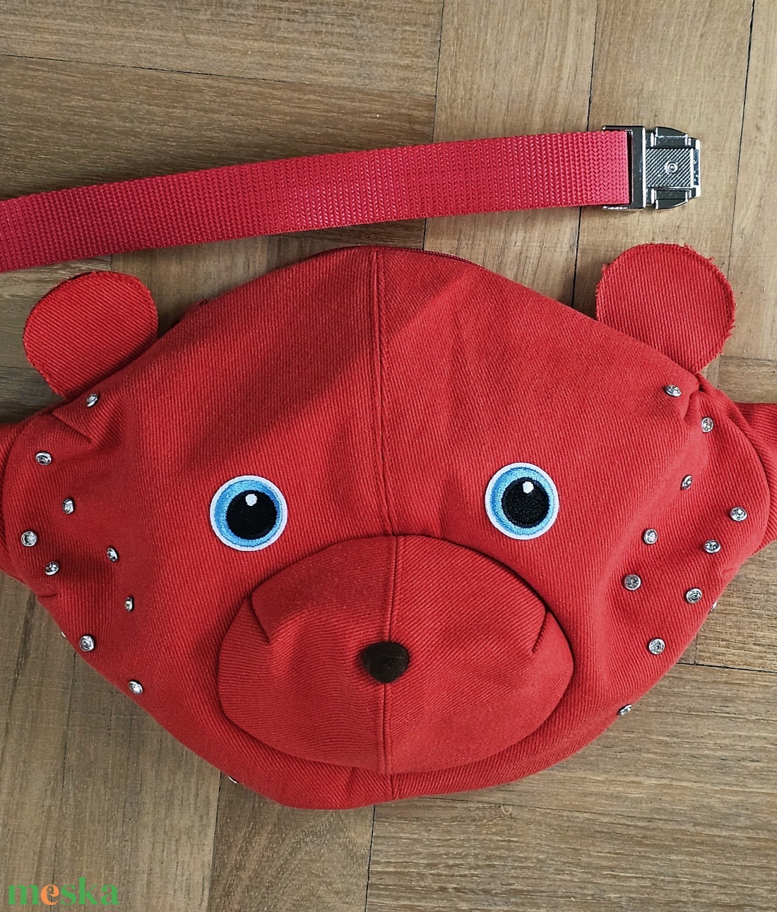 Korall piros teddybag farmerből, strasszokkal - táska & tok - variálható táska - Meska.hu
