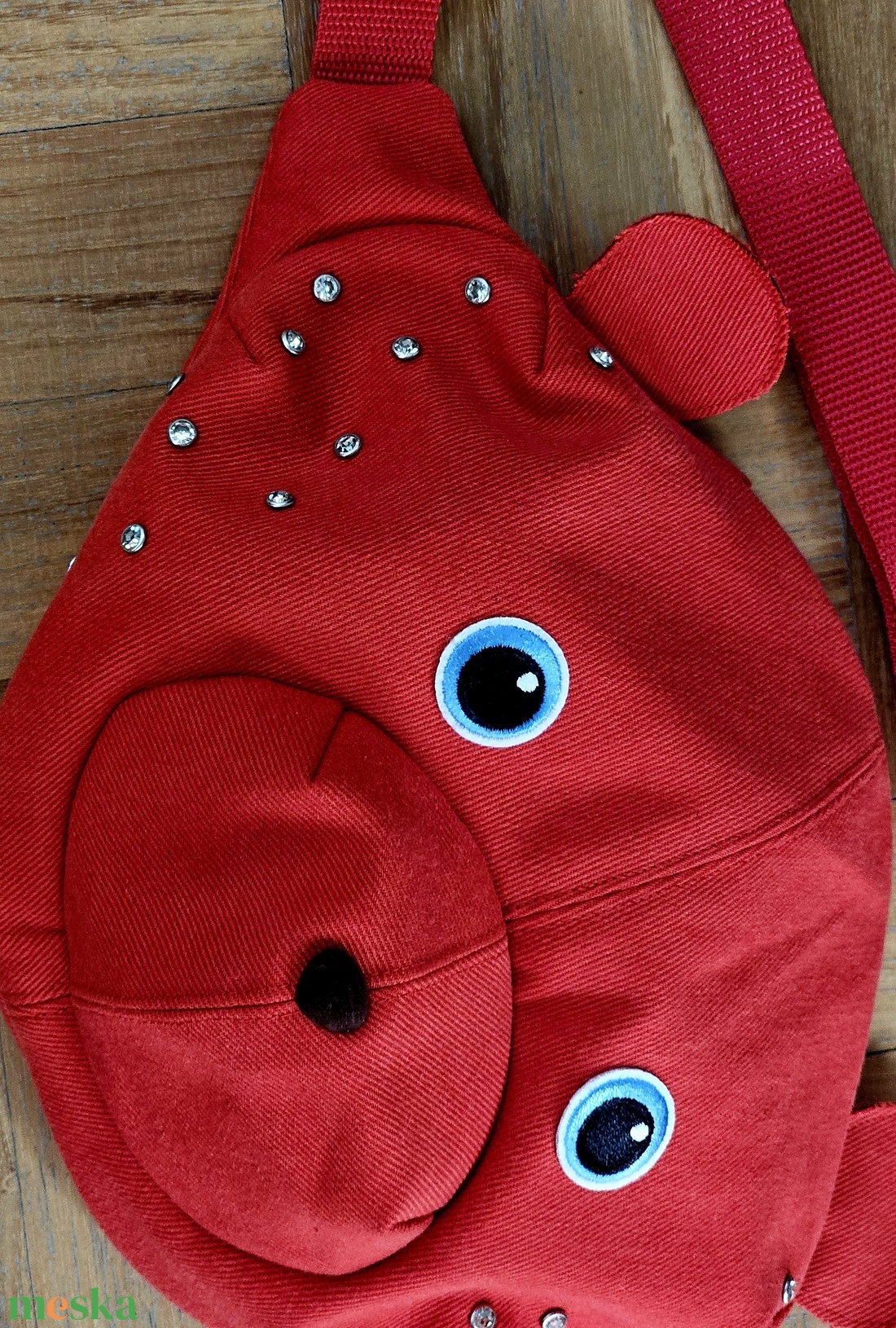 Korall piros teddybag farmerből, strasszokkal - táska & tok - variálható táska - Meska.hu