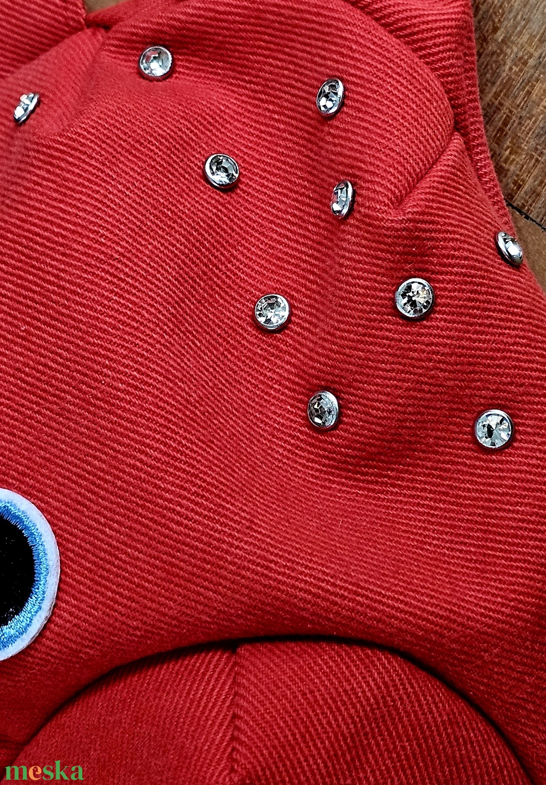 Korall piros teddybag farmerből, strasszokkal - táska & tok - variálható táska - Meska.hu