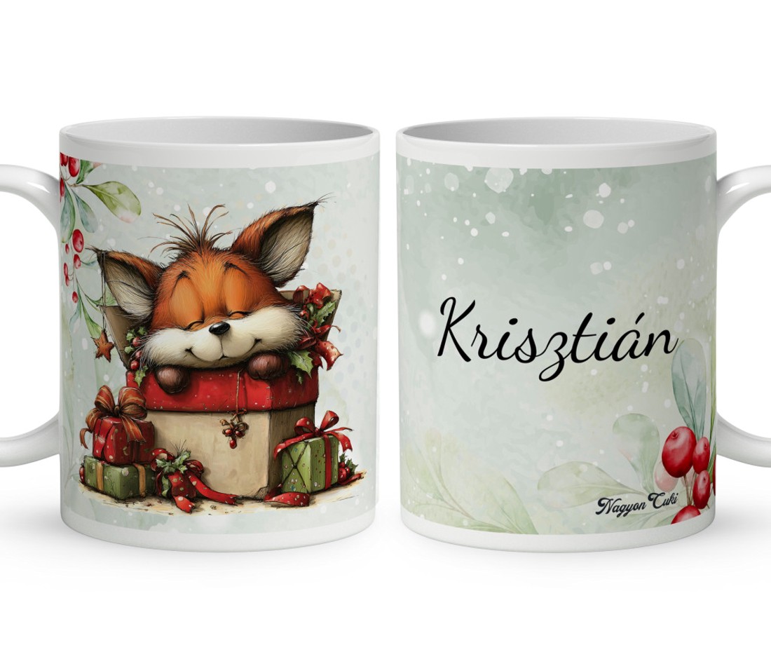 Névvel kérhető - Cuki karácsonyi róka és az ajándékok mintás bögre - otthon & életmód - konyhafelszerelés, tálalás - tálalás - bögre & csésze - Meska.hu