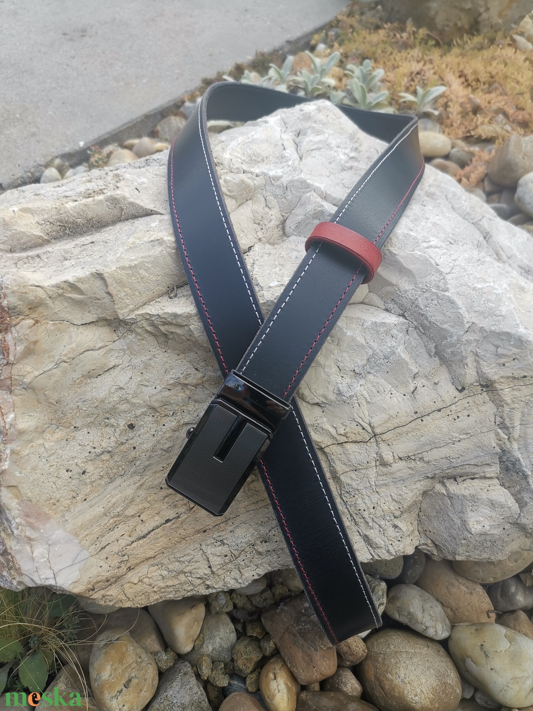 Tengerészkék automata csatos bőr öv színes varrással.  - ruha & divat - öv & övcsat - öv - Meska.hu