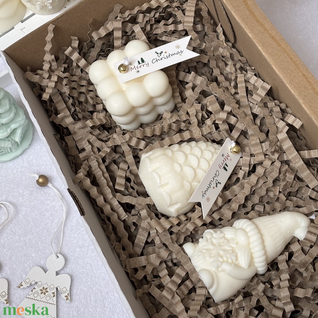 Modern Karácsony  kézműves natúr gyertya szett ajándékdobozban - karácsony - karácsonyi lakásdekoráció - karácsonyi illatgyertya, mécses - Meska.hu