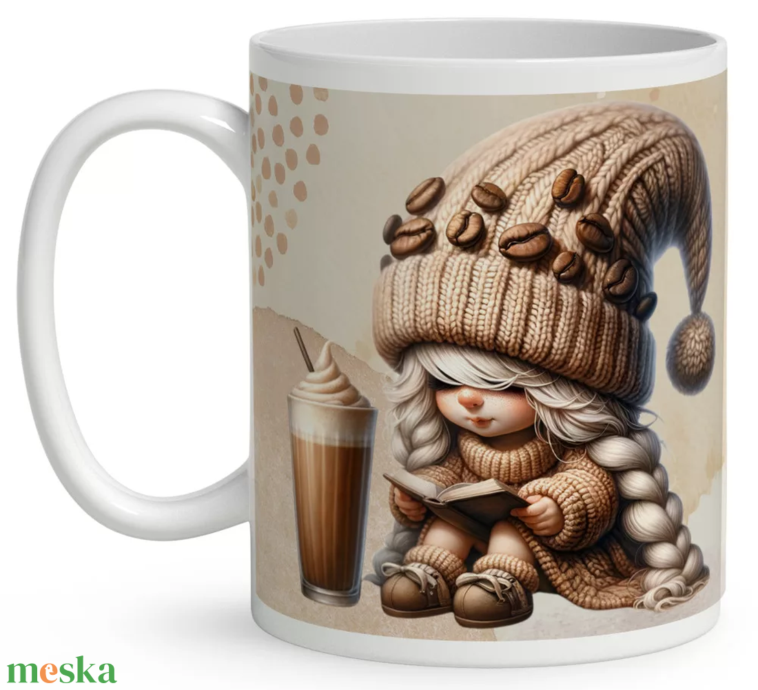 Névvel kérhető kávés manó lány - Kávé és könyv bögre - otthon & életmód - konyhafelszerelés, tálalás - tálalás - bögre & csésze - Meska.hu
