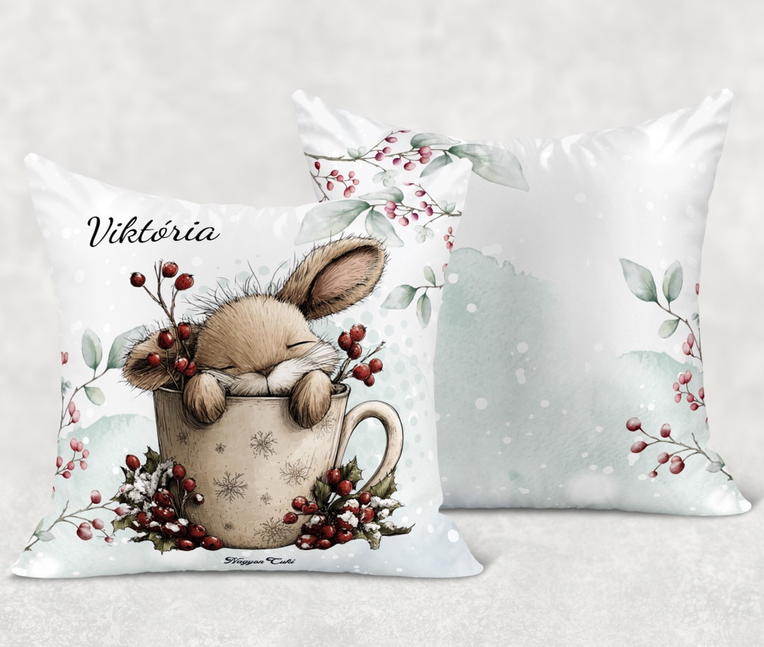 Névvel kérhető - Cuki téli nyuszi bögrében mintás párna - otthon & életmód - konyhafelszerelés, tálalás - tálalás - bögre & csésze - Meska.hu