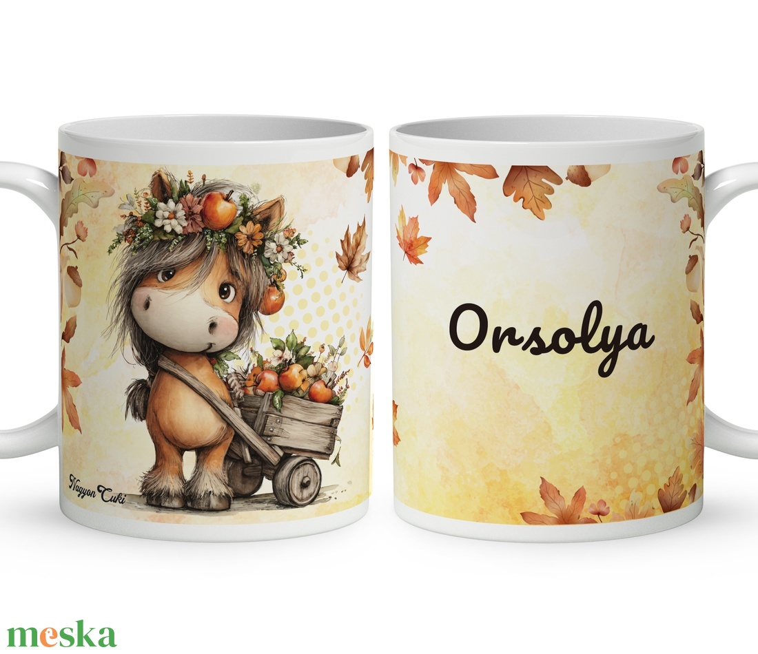 Névre szóló, őszi aranyos alma lovas mintás kerámia bögre - egyedi feliratos cuki ajándék (C3DL-0791) - otthon & életmód - konyhafelszerelés, tálalás - tálalás - bögre & csésze - Meska.hu