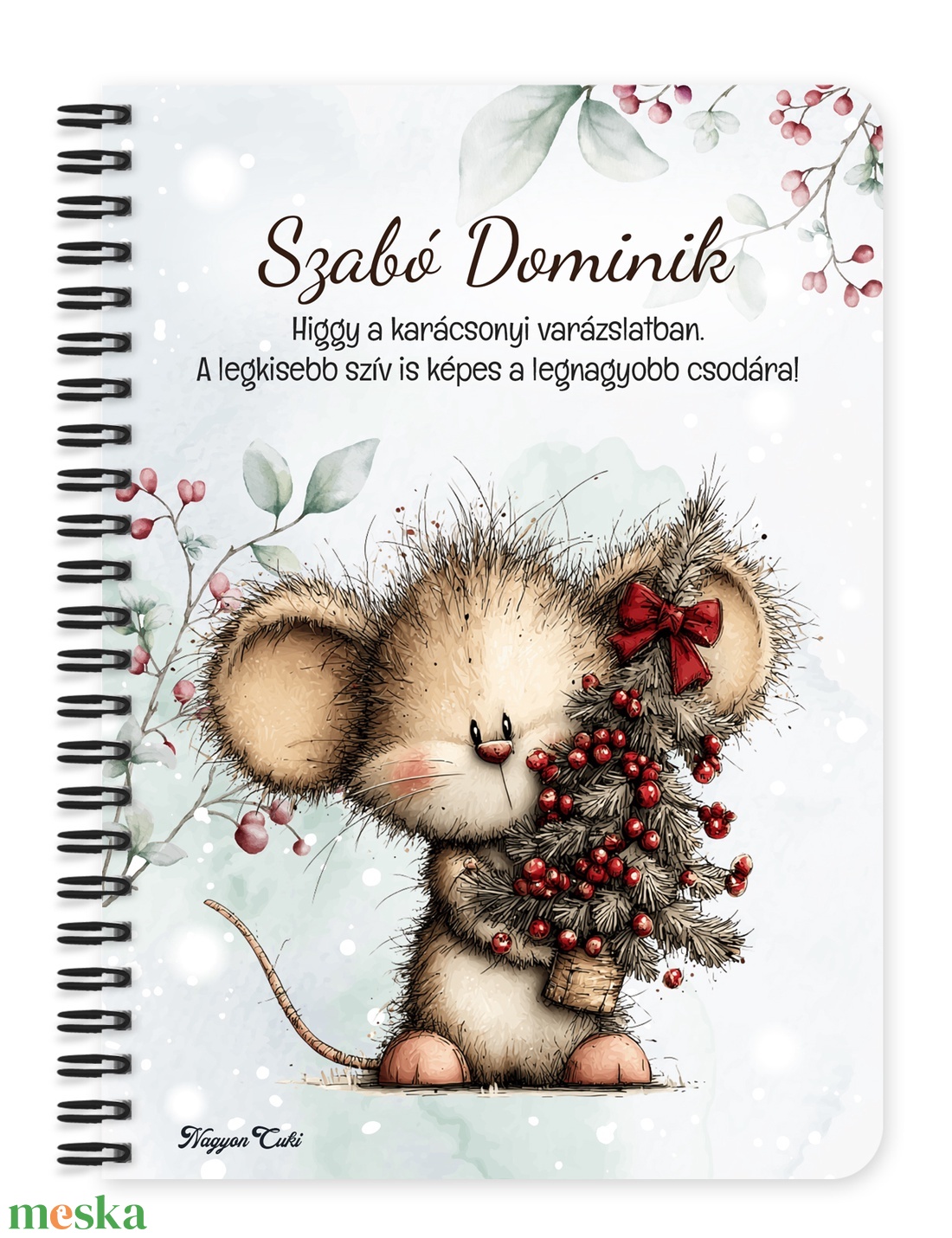 Névre szóló, karácsonyfás téli kisegér mintás jegyzetfüzet és napló - egyedi feliratos karácsonyi ajándék (NB-0425) - otthon & életmód - papír, írószer - jegyzetfüzet & napló - Meska.hu