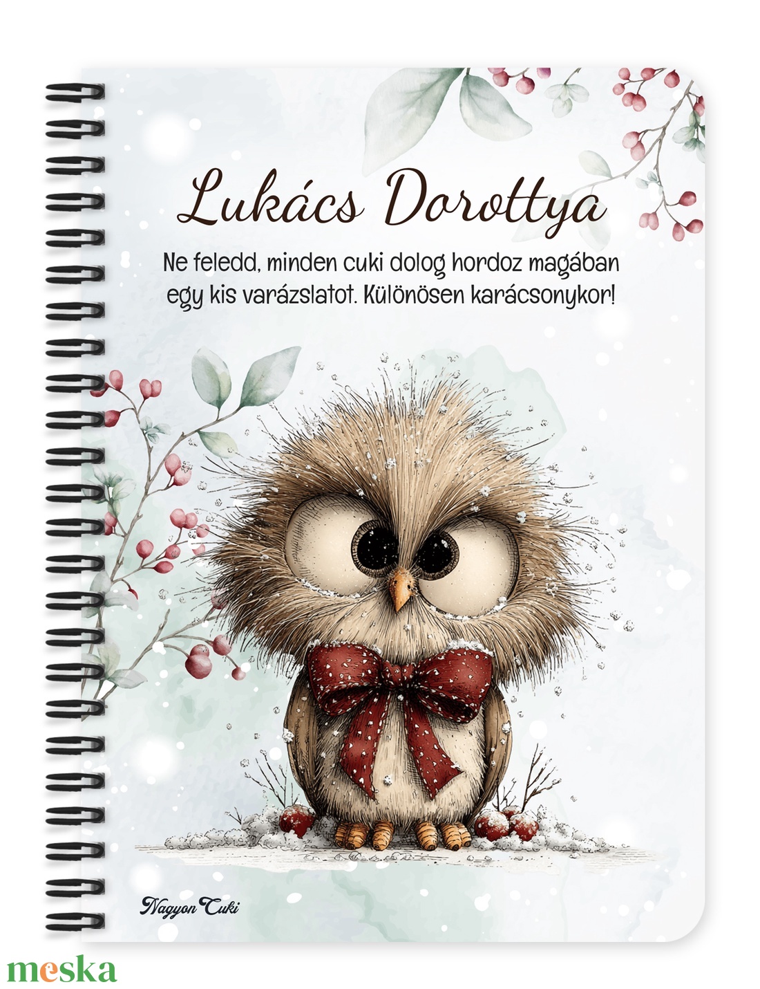 Névvel kérhető, téli bagoly nagy masnival mintás jegyzetfüzet és napló - egyedi feliratos karácsonyi ajándék (NB-0434) - otthon & életmód - papír, írószer - jegyzetfüzet & napló - Meska.hu