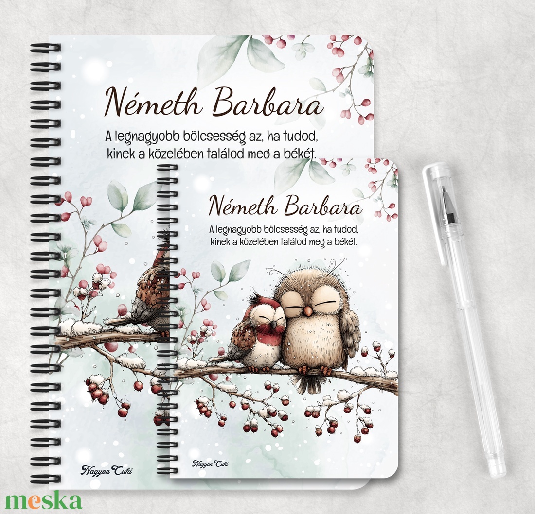 Névvel kérhető, téli cuki kis baglyok mintás jegyzetfüzet és napló - egyedi feliratos karácsonyi ajándék (NB-0436) - otthon & életmód - papír, írószer - jegyzetfüzet & napló - Meska.hu