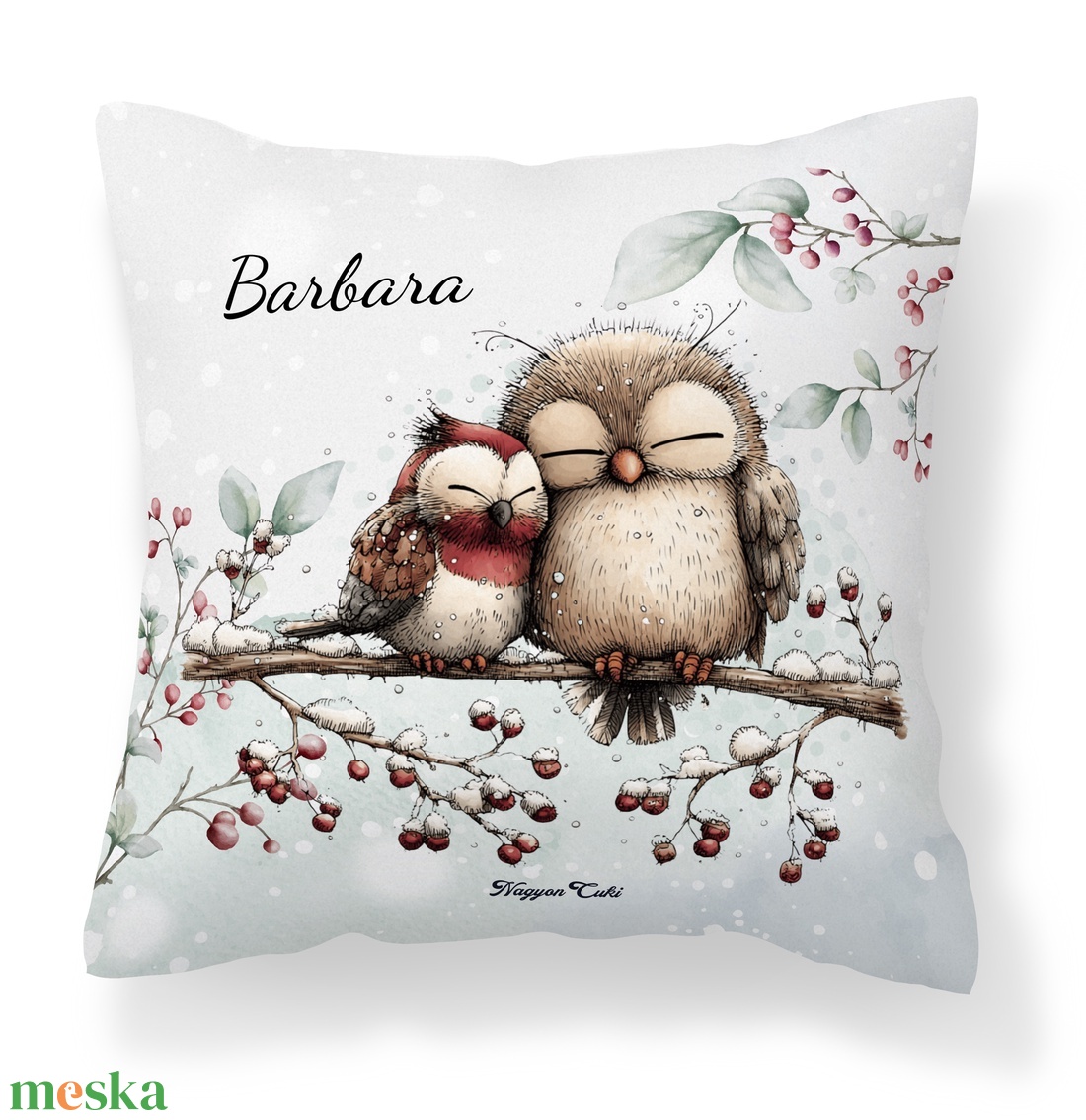 Névre szóló cuki karácsonyi baglyocskák mintás 40x40-es díszpárna - egyedi feliratos karácsonyi ajándék (POLI40-0519) - otthon & életmód - lakástextil - párna & párnahuzat - díszpárna (belsővel együtt) - Meska.hu