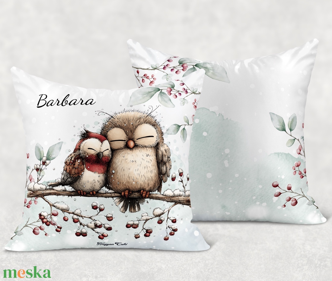 Névre szóló cuki karácsonyi baglyocskák mintás 40x40-es díszpárna - egyedi feliratos karácsonyi ajándék (POLI40-0519) - otthon & életmód - lakástextil - párna & párnahuzat - díszpárna (belsővel együtt) - Meska.hu