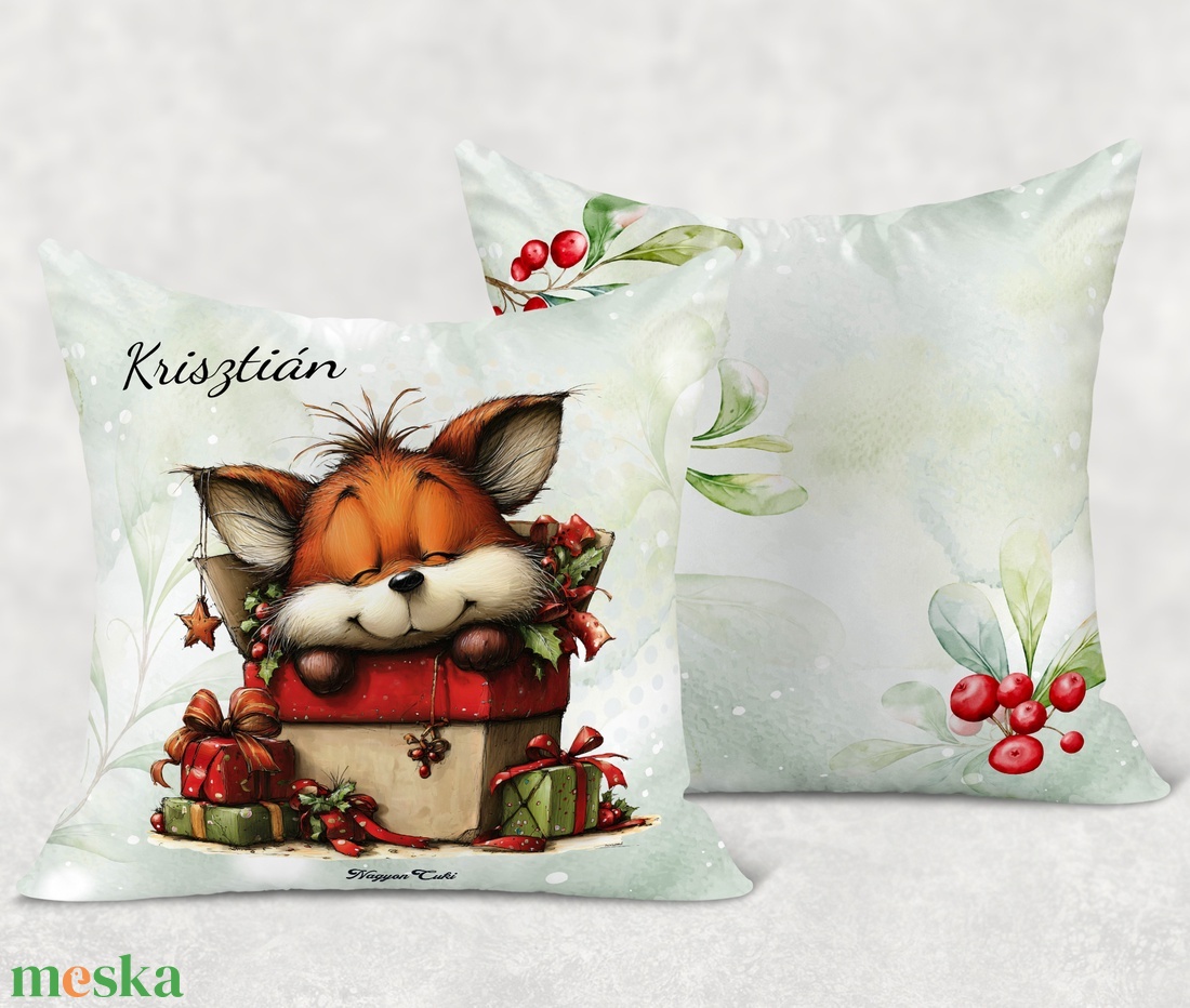 Névre szóló karácsonyi róka ajándék mintás 40x40-es díszpárna - egyedi feliratos karácsonyi ajándék (POLI40-0525) - otthon & életmód - lakástextil - párna & párnahuzat - díszpárna (belsővel együtt) - Meska.hu