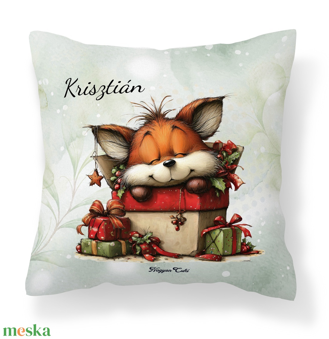 Névre szóló karácsonyi róka ajándék mintás 40x40-es díszpárna - egyedi feliratos karácsonyi ajándék (POLI40-0525) - otthon & életmód - lakástextil - párna & párnahuzat - díszpárna (belsővel együtt) - Meska.hu