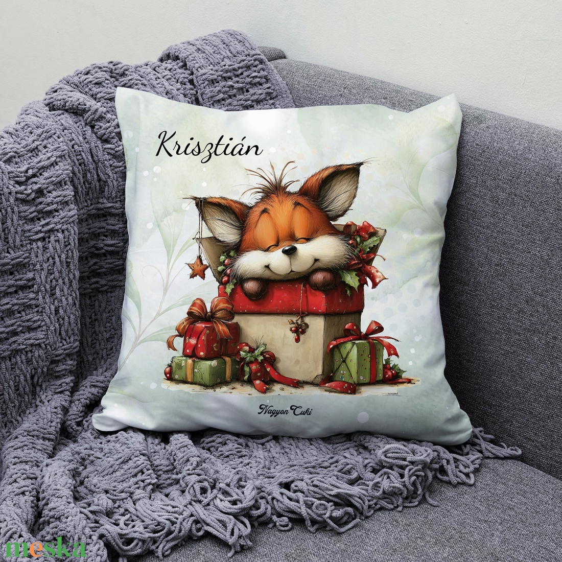 Névre szóló karácsonyi róka ajándék mintás 40x40-es díszpárna - egyedi feliratos karácsonyi ajándék (POLI40-0525) - otthon & életmód - lakástextil - párna & párnahuzat - díszpárna (belsővel együtt) - Meska.hu