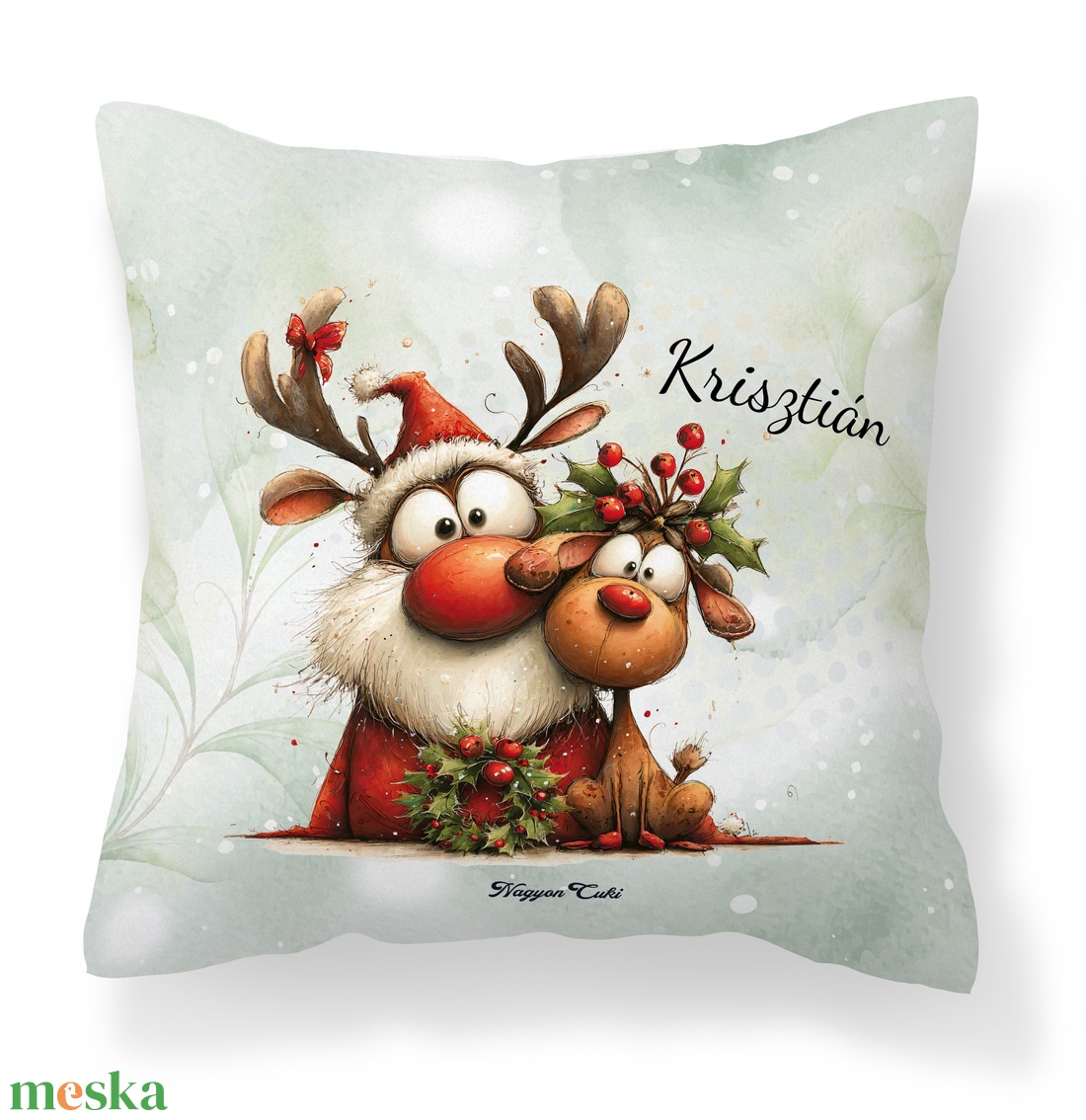 Névre szóló karácsonyi Mikulás és Rudolf mintás 40x40-es díszpárna - egyedi feliratos karácsonyi ajándék (POLI40-0526) - otthon & életmód - lakástextil - párna & párnahuzat - díszpárna (belsővel együtt) - Meska.hu
