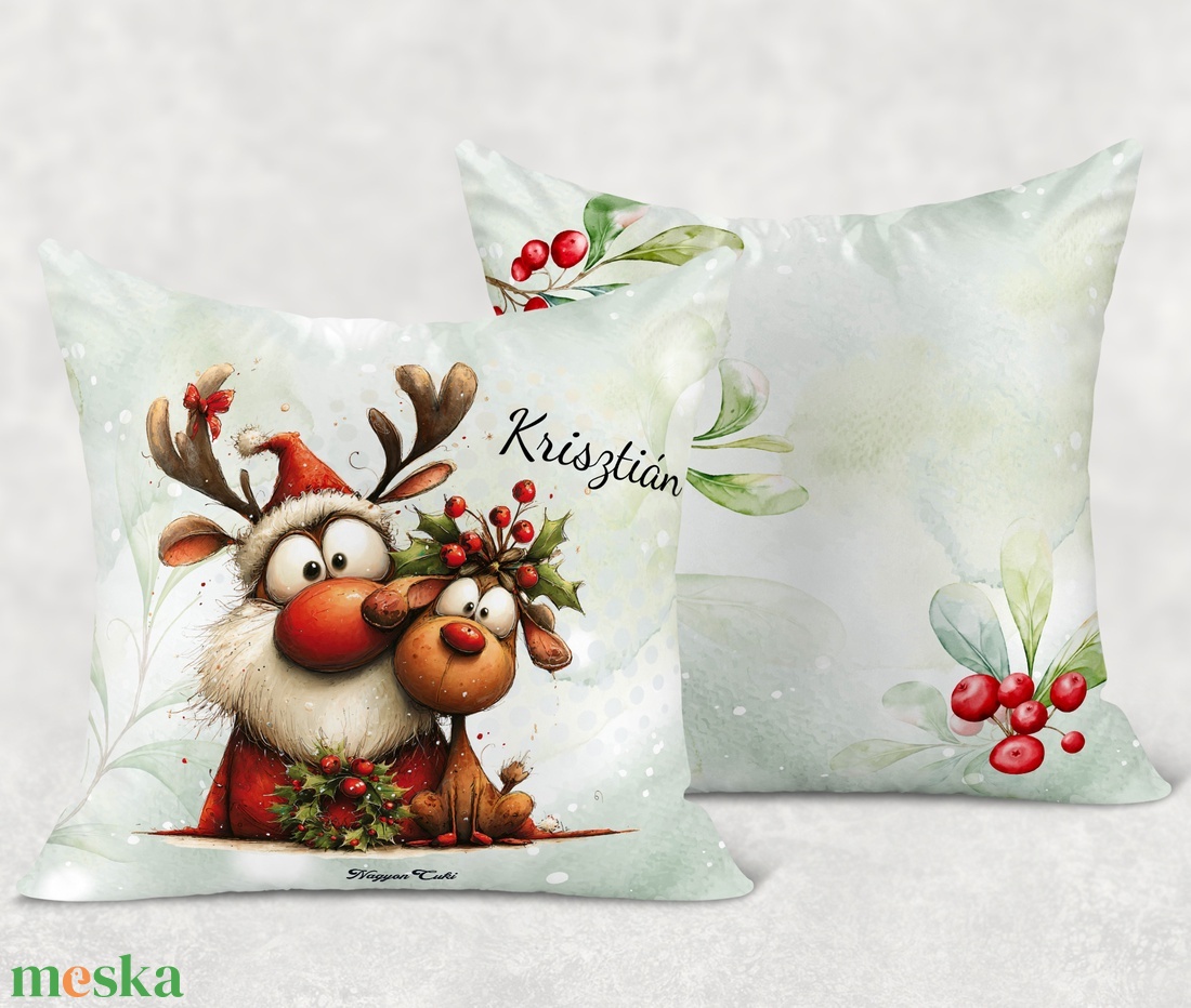 Névre szóló karácsonyi Mikulás és Rudolf mintás 40x40-es díszpárna - egyedi feliratos karácsonyi ajándék (POLI40-0526) - otthon & életmód - lakástextil - párna & párnahuzat - díszpárna (belsővel együtt) - Meska.hu