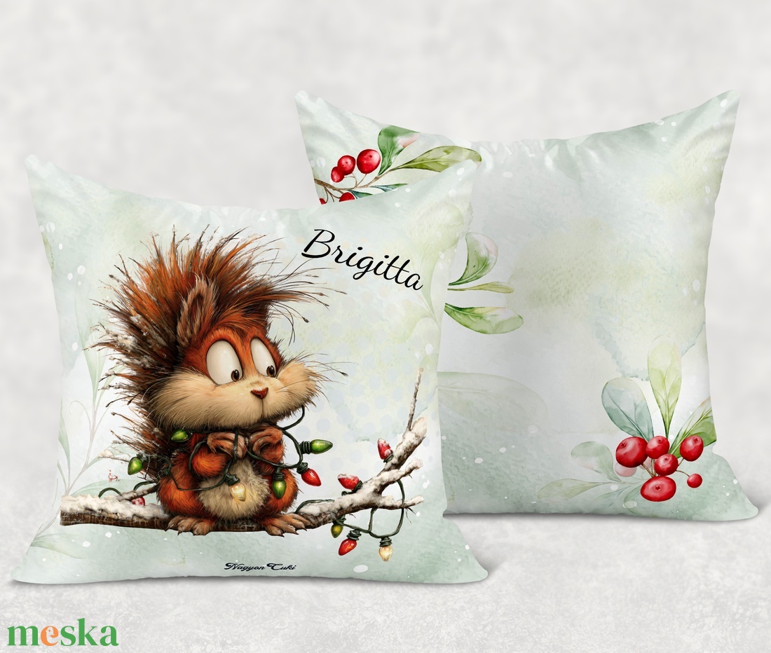Névre szóló cuki karácsonyi mókus égősorral mintás 40x40es díszpárna - egyedi feliratos karácsonyi ajándék (POLI40-0528) - otthon & életmód - lakástextil - párna & párnahuzat - díszpárna (belsővel együtt) - Meska.hu