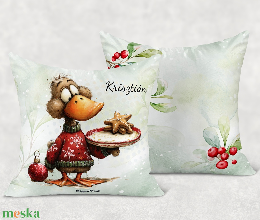 Névre szóló cuki karácsonyi kacsa sütivel mintás 40x40es díszpárna - egyedi feliratos karácsonyi ajándék (POLI40-0529) - otthon & életmód - lakástextil - párna & párnahuzat - díszpárna (belsővel együtt) - Meska.hu