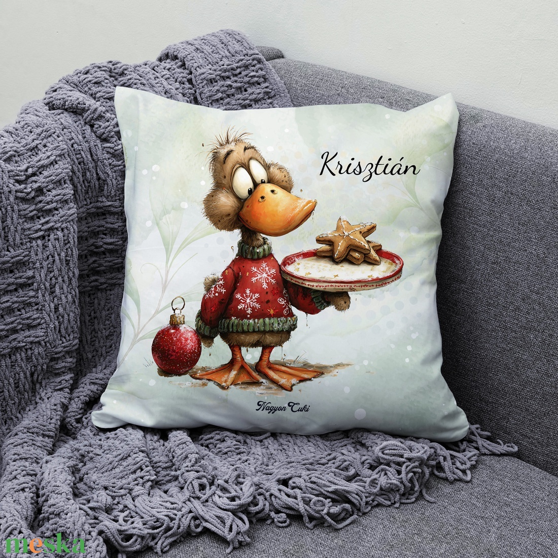 Névre szóló cuki karácsonyi kacsa sütivel mintás 40x40es díszpárna - egyedi feliratos karácsonyi ajándék (POLI40-0529) - otthon & életmód - lakástextil - párna & párnahuzat - díszpárna (belsővel együtt) - Meska.hu
