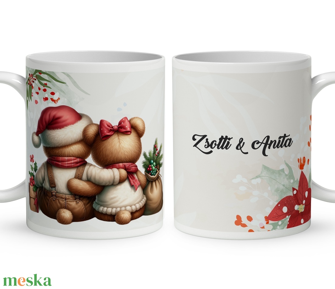Névvel kérhető, karácsonyi teddy macik (kantáros) mintás kerámia bögre - egyedi feliratos karácsonyi ajándék (C3DL-0565) - otthon & életmód - konyhafelszerelés, tálalás - tálalás - bögre & csésze - Meska.hu