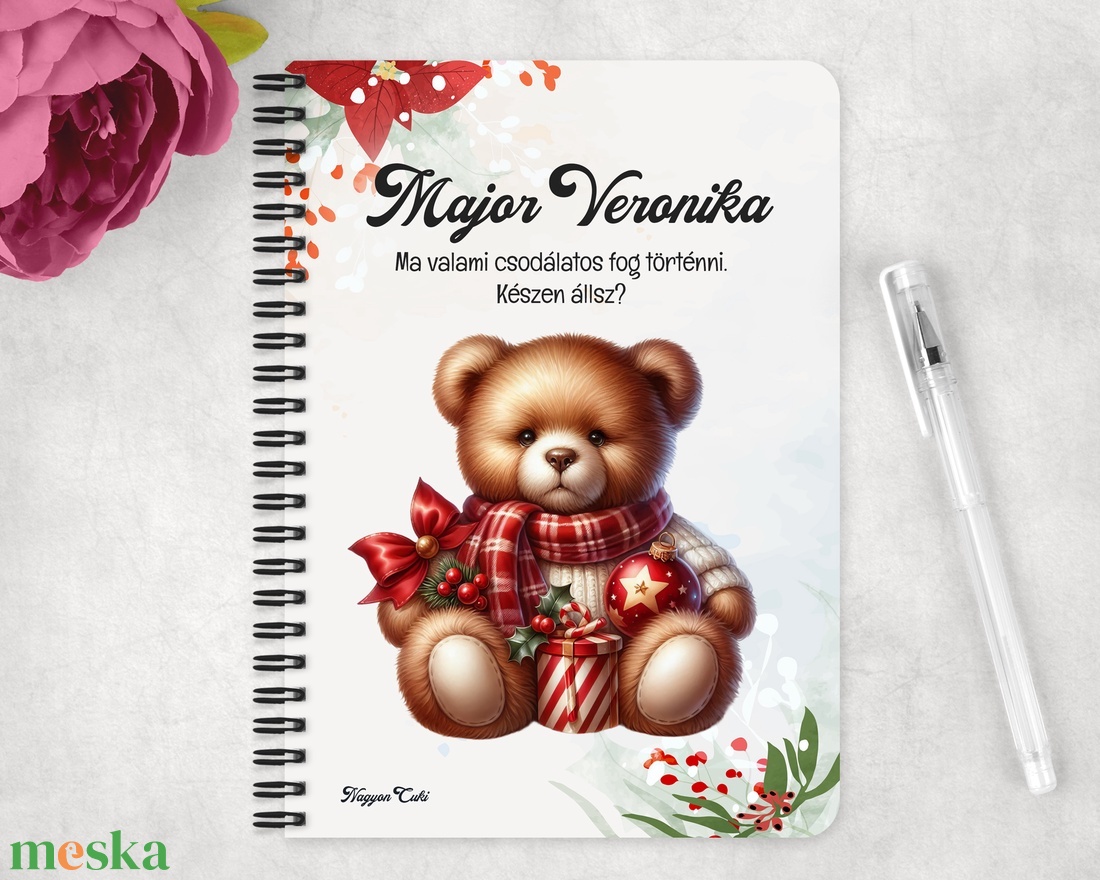 Névvel kérhető, teddy maci (piros sállal) mintás jegyzetfüzet és napló - személyre szabható karácsonyi ajándék (NB-0384) - otthon & életmód - papír, írószer - jegyzetfüzet & napló - Meska.hu