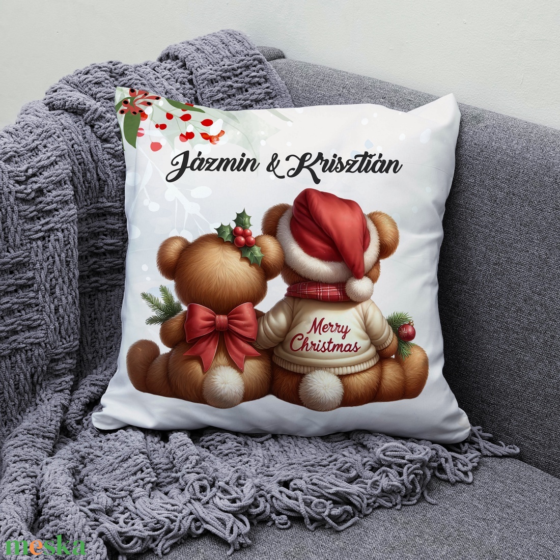 Névre szóló karácsonyi Teddy maci (masni) mintás 40x40-es díszpárna - egyedi feliratos karácsonyi ajándék (POLI40-0348) - otthon & életmód - lakástextil - párna & párnahuzat - díszpárna (belsővel együtt) - Meska.hu