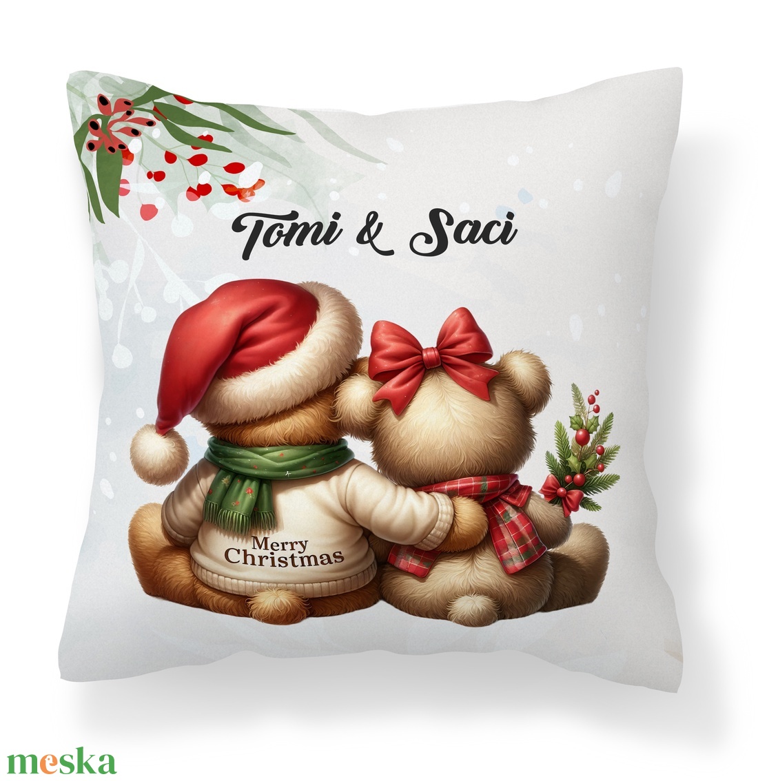 Névre szóló karácsonyi Teddy maci (sállal) mintás 40x40-es díszpárna - egyedi feliratos karácsonyi ajándék (POLI40-0349) - otthon & életmód - lakástextil - párna & párnahuzat - díszpárna (belsővel együtt) - Meska.hu