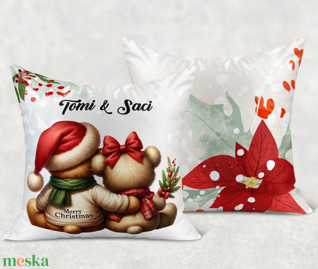 Névre szóló karácsonyi Teddy maci (sállal) mintás 40x40-es díszpárna - egyedi feliratos karácsonyi ajándék (POLI40-0349) - otthon & életmód - lakástextil - párna & párnahuzat - díszpárna (belsővel együtt) - Meska.hu