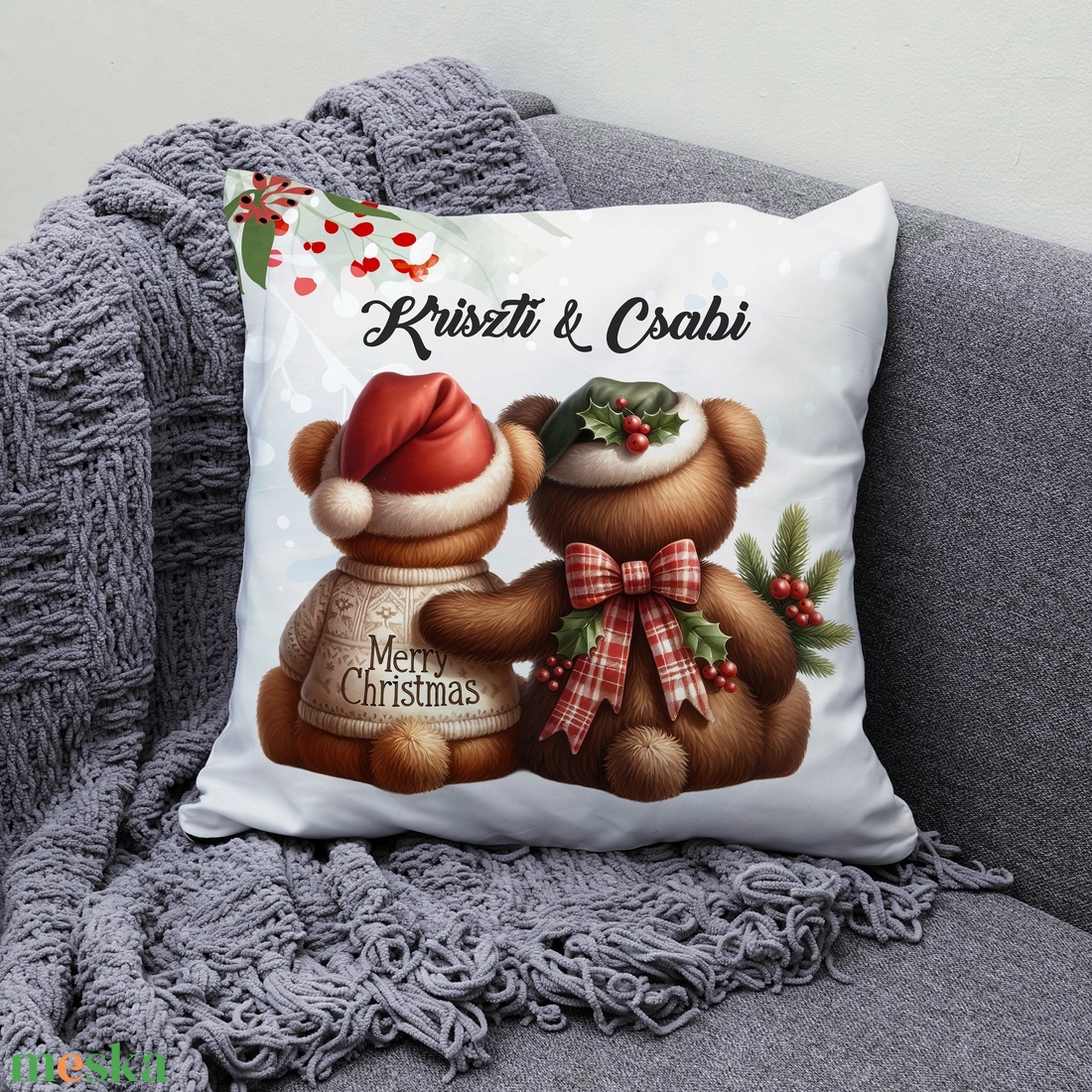 Névre szóló karácsonyi Teddy maci (kockás) mintás 40x40-es díszpárna - egyedi feliratos karácsonyi ajándék (POLI40-0351) - otthon & életmód - lakástextil - párna & párnahuzat - díszpárna (belsővel együtt) - Meska.hu