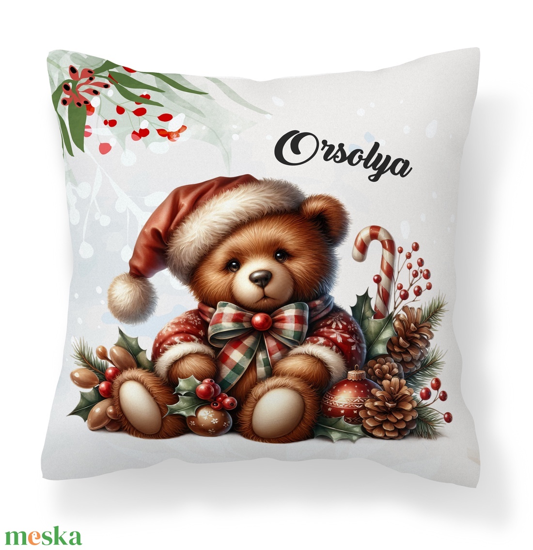 Névre szóló karácsonyi Teddy maci (toboz) mintás 40x40es díszpárna - egyedi feliratos karácsonyi ajándék (POLI40-0354) - otthon & életmód - lakástextil - párna & párnahuzat - díszpárna (belsővel együtt) - Meska.hu