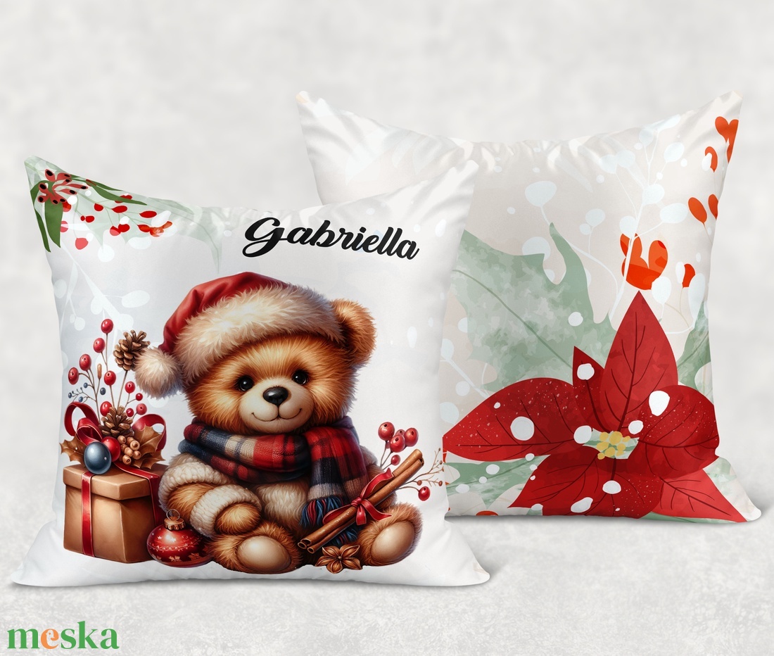 Névre szóló karácsonyi Teddy maci (fahéj) mintás 40x40es díszpárna - egyedi feliratos karácsonyi ajándék (POLI40-0355) - otthon & életmód - lakástextil - párna & párnahuzat - díszpárna (belsővel együtt) - Meska.hu