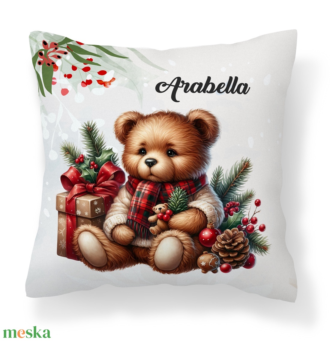 Névre szóló karácsonyi Teddy maci (macival) mintás 40x40es díszpárna - egyedi feliratos karácsonyi ajándék (POLI40-0356) - otthon & életmód - lakástextil - párna & párnahuzat - díszpárna (belsővel együtt) - Meska.hu