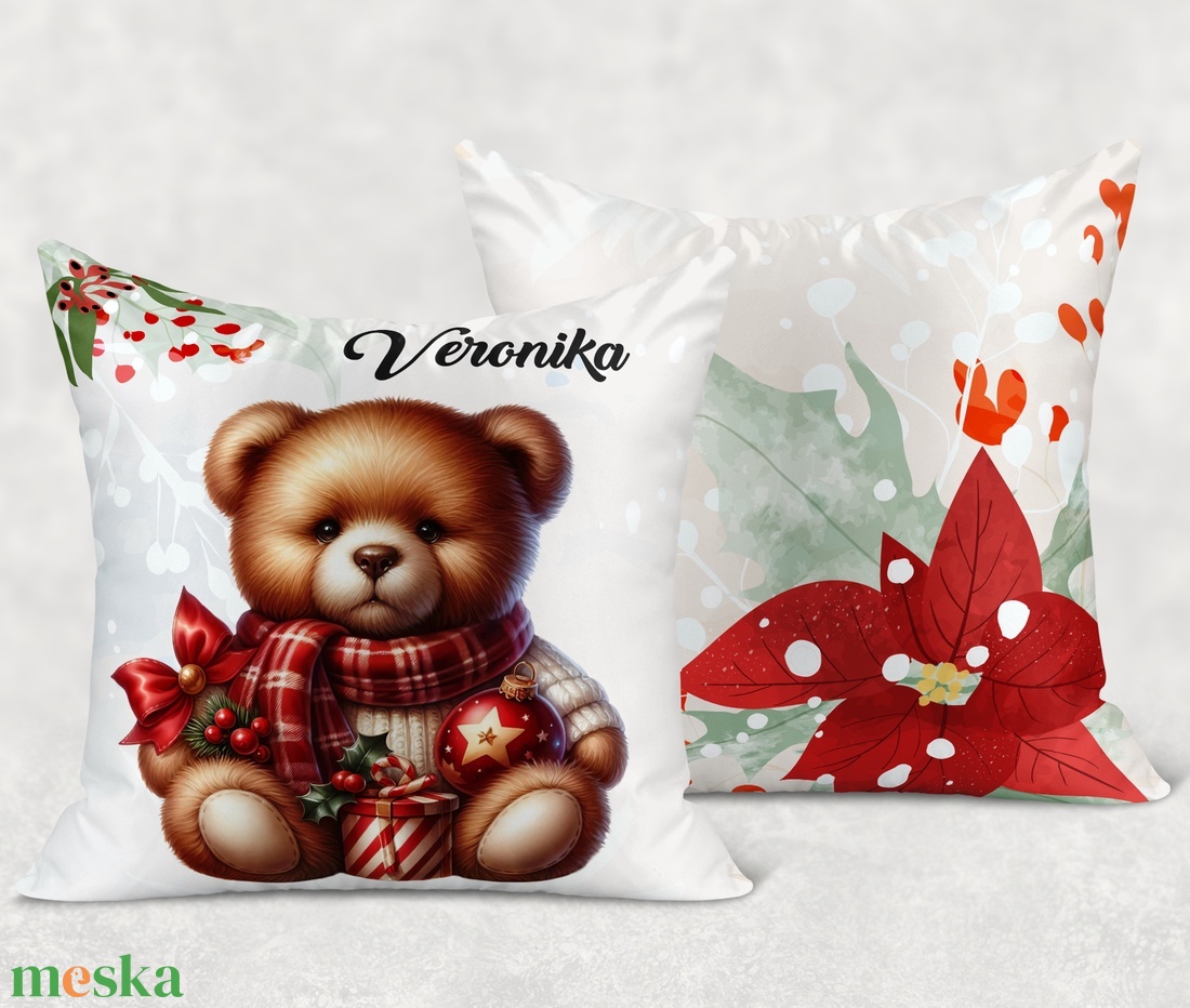 Névre szóló karácsonyi Teddy maci (sálas) mintás 40x40es díszpárna - egyedi feliratos karácsonyi ajándék (POLI40-0357) - otthon & életmód - lakástextil - párna & párnahuzat - díszpárna (belsővel együtt) - Meska.hu
