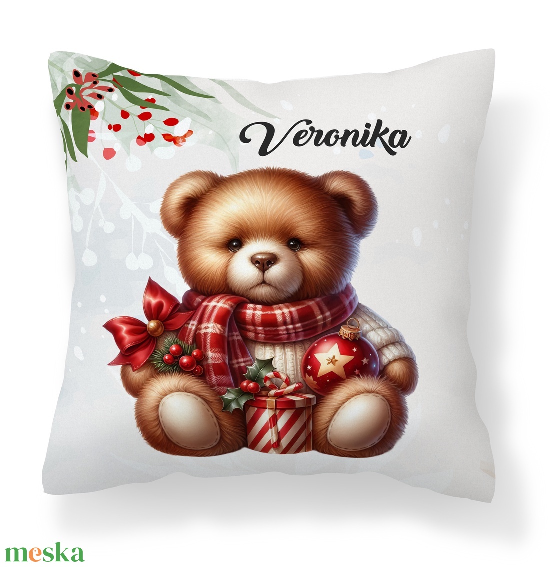 Névre szóló karácsonyi Teddy maci (sálas) mintás 40x40es díszpárna - egyedi feliratos karácsonyi ajándék (POLI40-0357) - otthon & életmód - lakástextil - párna & párnahuzat - díszpárna (belsővel együtt) - Meska.hu