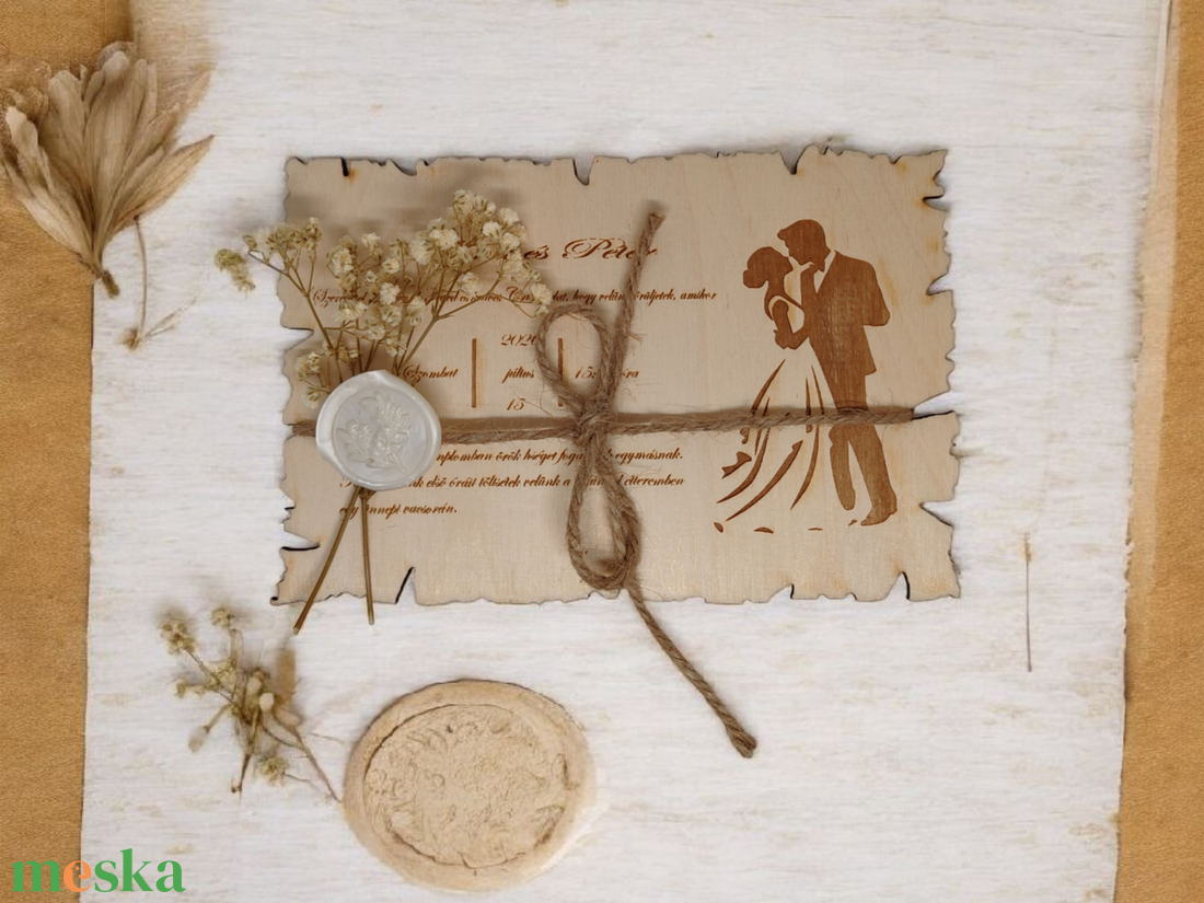 Egyedi, gravírozott fa esküvői meghívó rusztikus kiegészítőkkel! - esküvő - meghívó & kártya - meghívó - Meska.hu