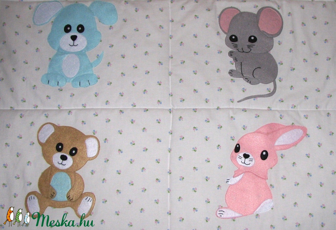 Baba falvédő  - virágos alapon állatfigurákkal (kutya, cica, süni, nyuszi, maci, egérke) -  - Meska.hu