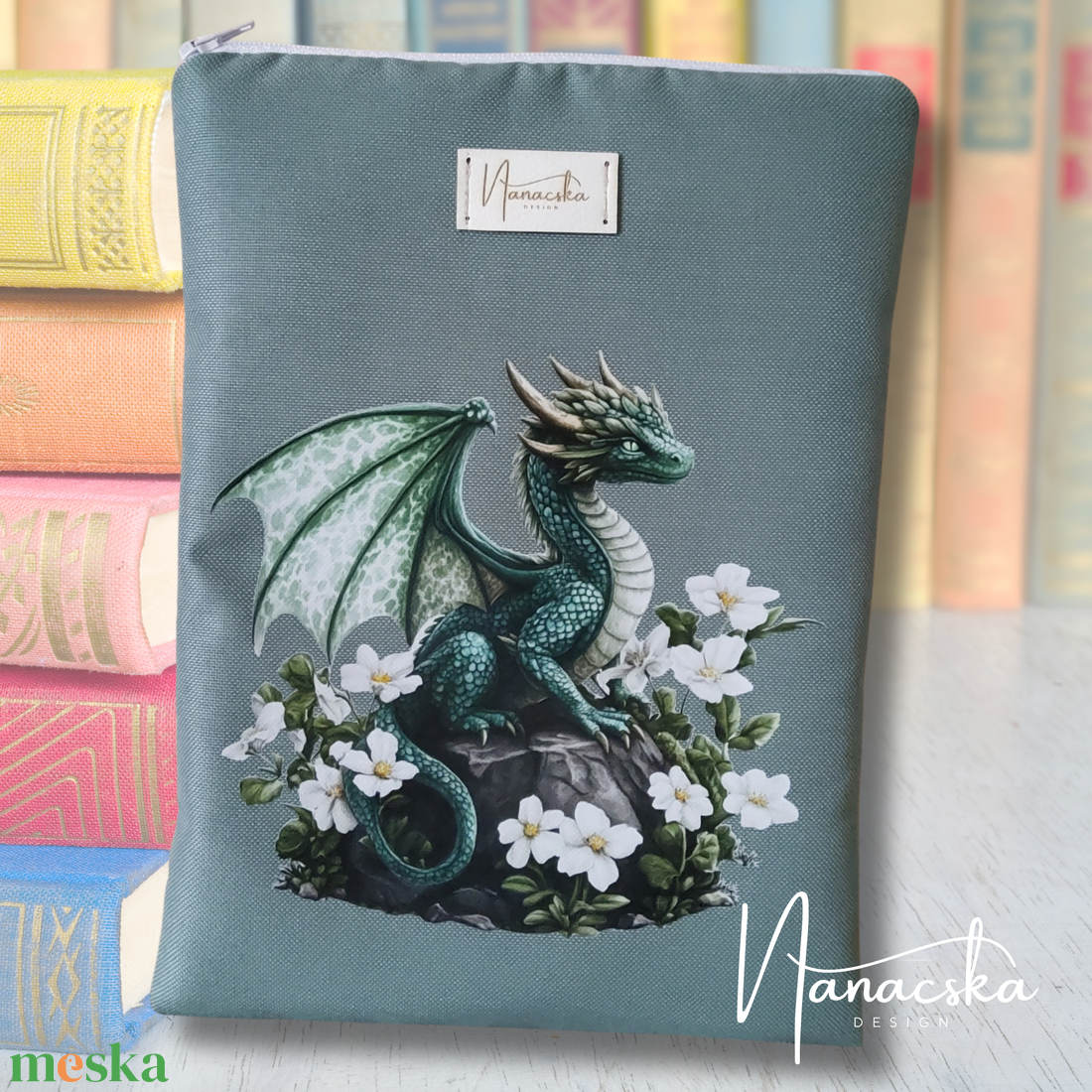 Sárkányos könyvtok - fehér virágos - könyv & zene - könyvtok - Meska.hu