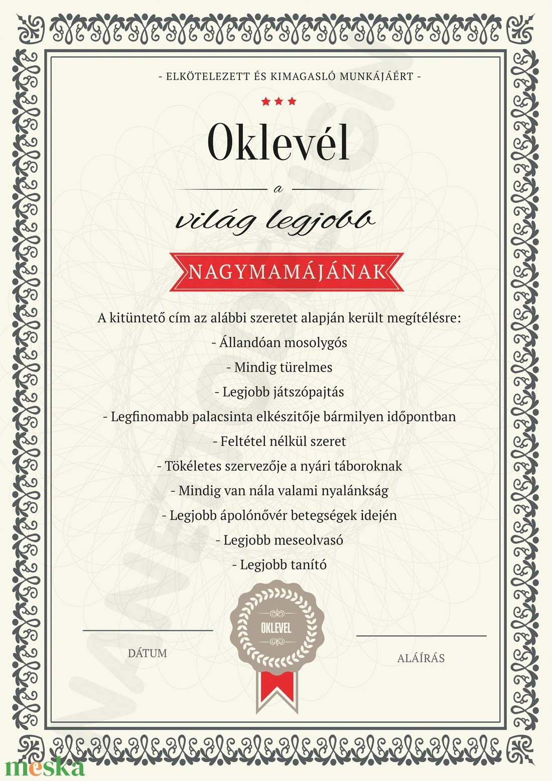 Legjobb Nagyi, Legjobb nagymama oklevél, certification, legjobb, kitüntetés, Szülinapi Poszter, Anyák napja -  - Meska.hu