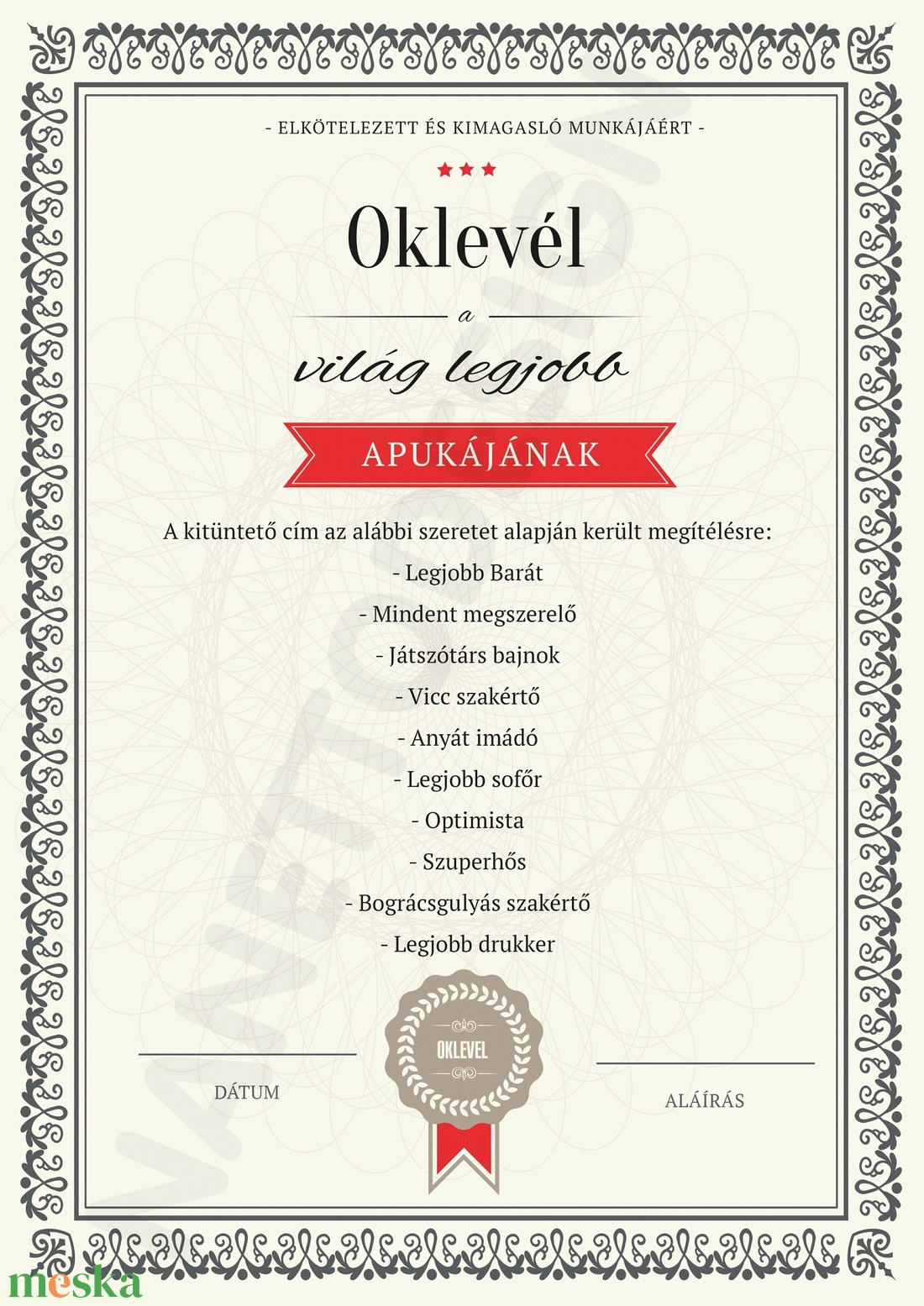 Legjobb Apa oklevél KERETTEL, Egyedi kitüntés édesapa apu részére, Szuperhős kitüntetés, Vidám szülinapi certification  - otthon & életmód - dekoráció - fali és függő dekoráció - felirat - Meska.hu