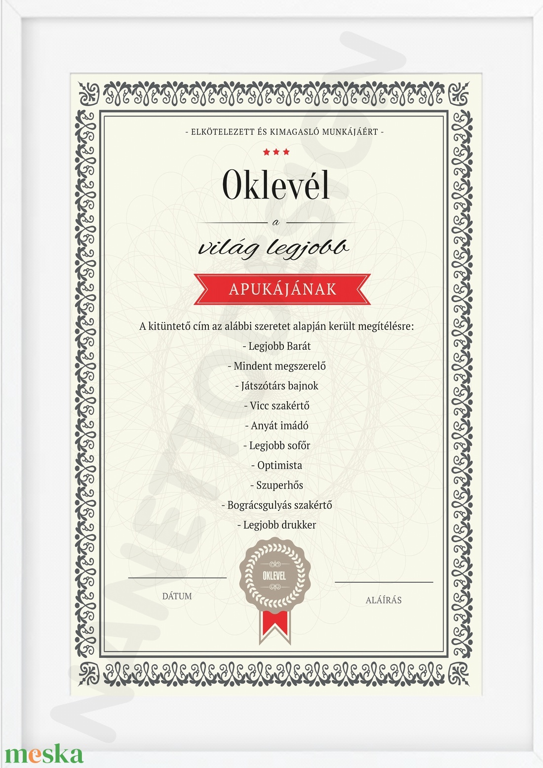 Legjobb Apa oklevél KERETTEL, Egyedi kitüntés édesapa apu részére, Szuperhős kitüntetés, Vidám szülinapi certification  - otthon & életmód - dekoráció - fali és függő dekoráció - felirat - Meska.hu
